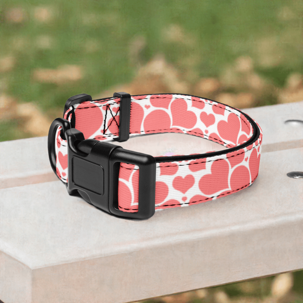 Pink Hearts on White Background Dog collar Ships Free - Weird Wembley's Leashes & Collars 