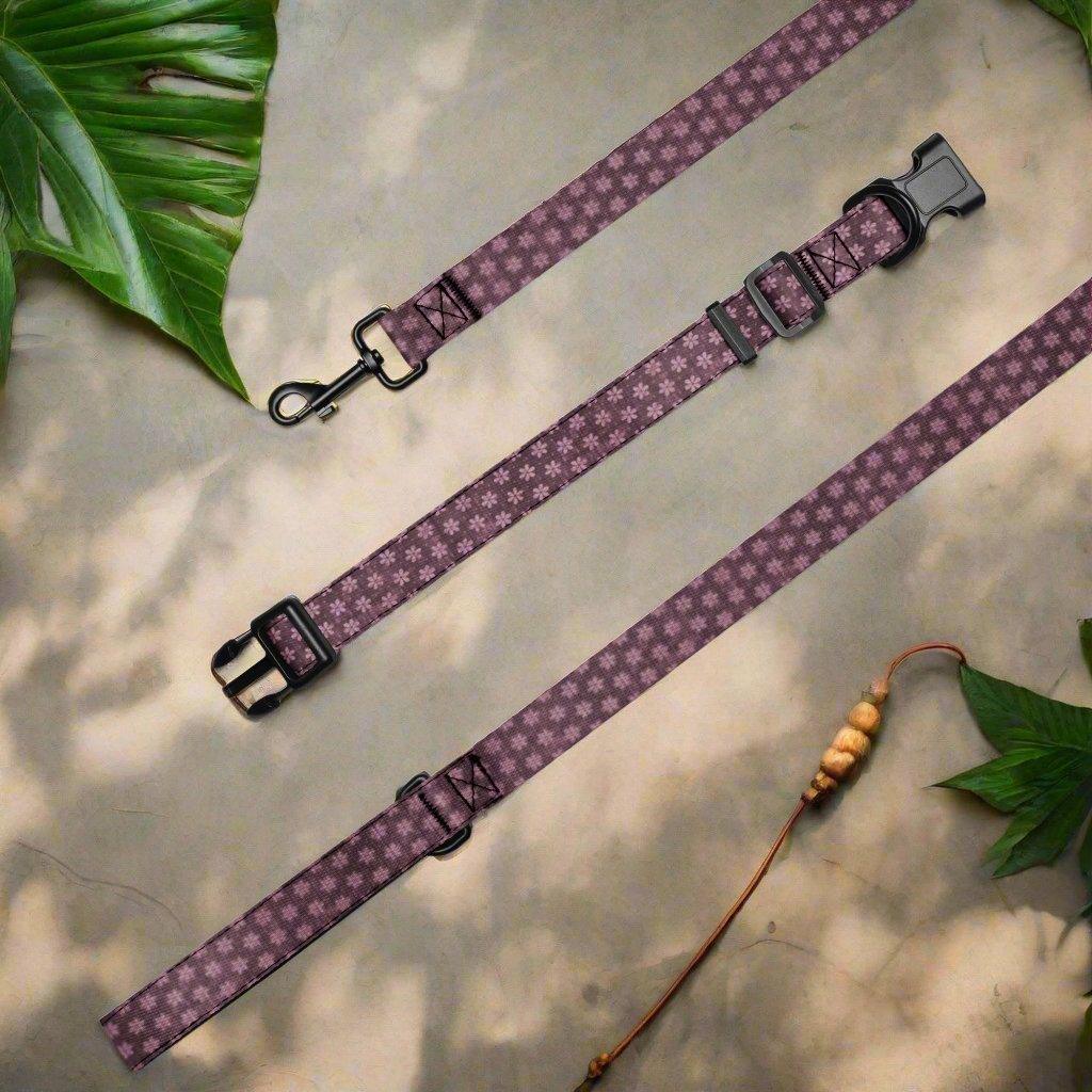 Dog Collar and Leash Set Purpel with little flowers - Weird Wembley's Leashes & Collars 