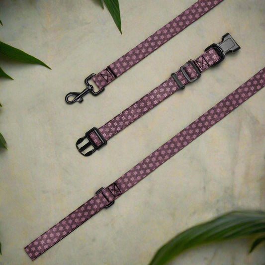 Dog Collar and Leash Set Purpel with little flowers - Weird Wembley's Leashes & Collars 