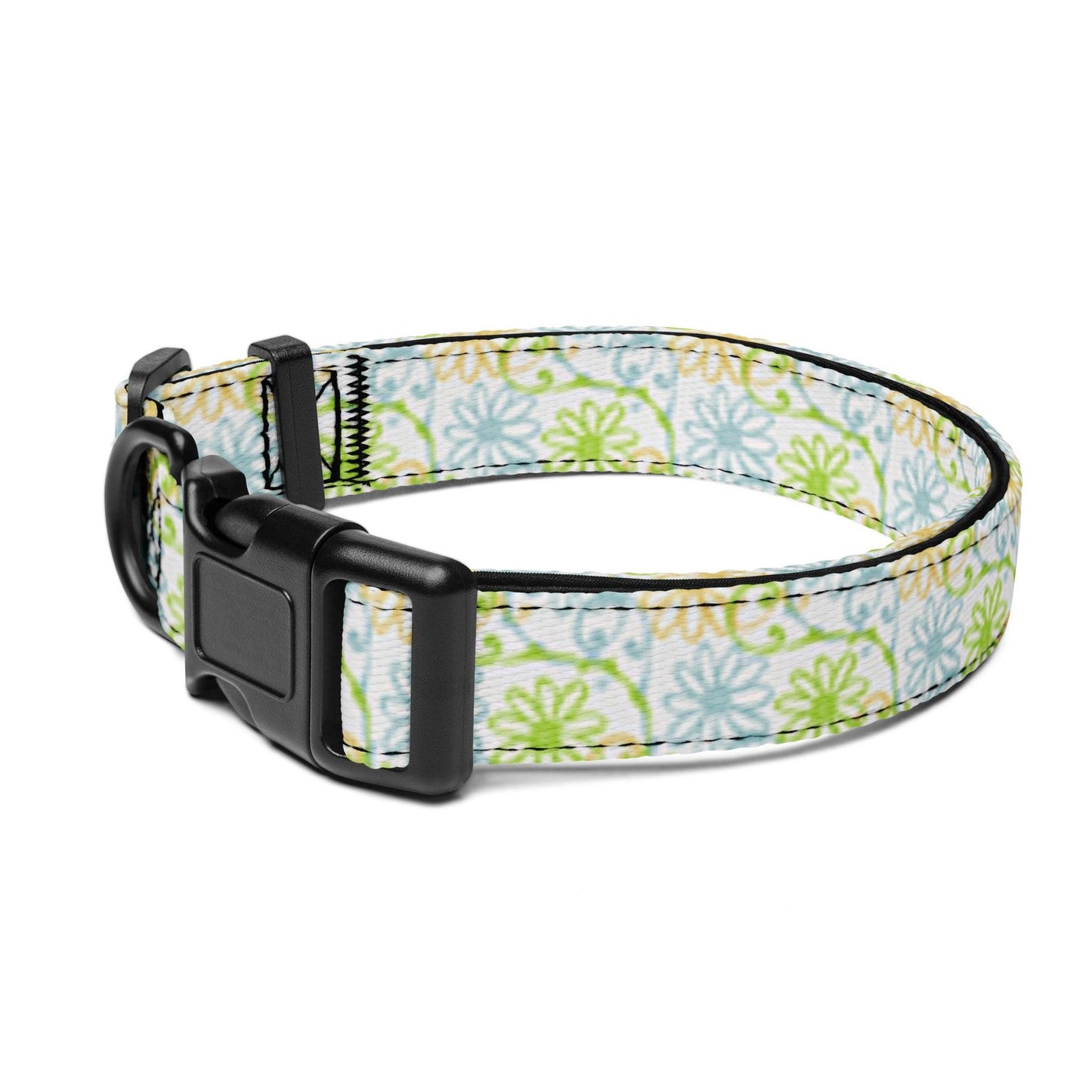 Dog collar Blue and Green Flowers on White Background Ships Free - Weird Wembley's Leashes & Collars 