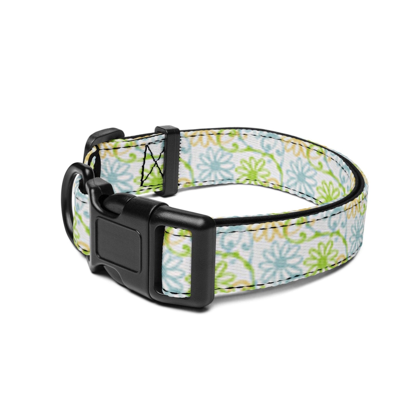 Dog collar Blue and Green Flowers on White Background Ships Free - Weird Wembley's Leashes & Collars 